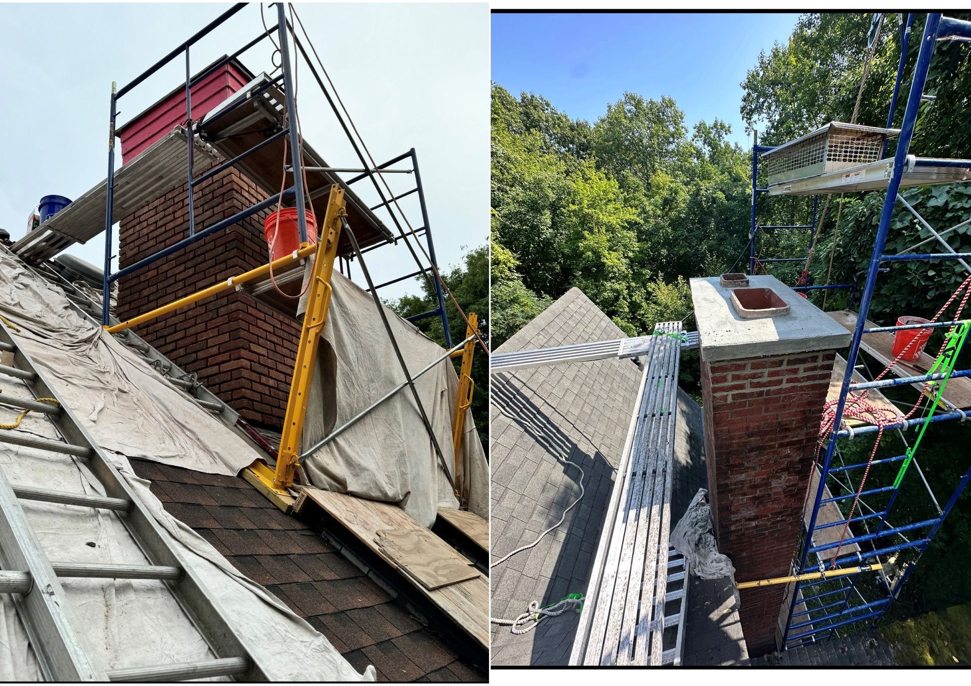 A man is standing on a ladder on top of a chimney