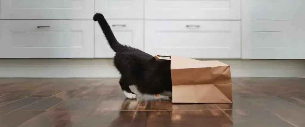 Black cat with tail up sniffing into a brown paper bag on a wooden floor in a kitchen