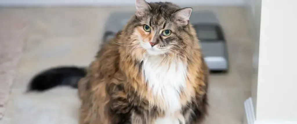 Fluffy brown tabby cat sitting indoors on a light floor, facing the camera