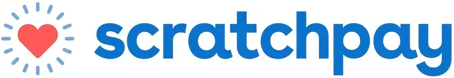 Scratchpay logo with blue text and a heart icon made of red and blue dots