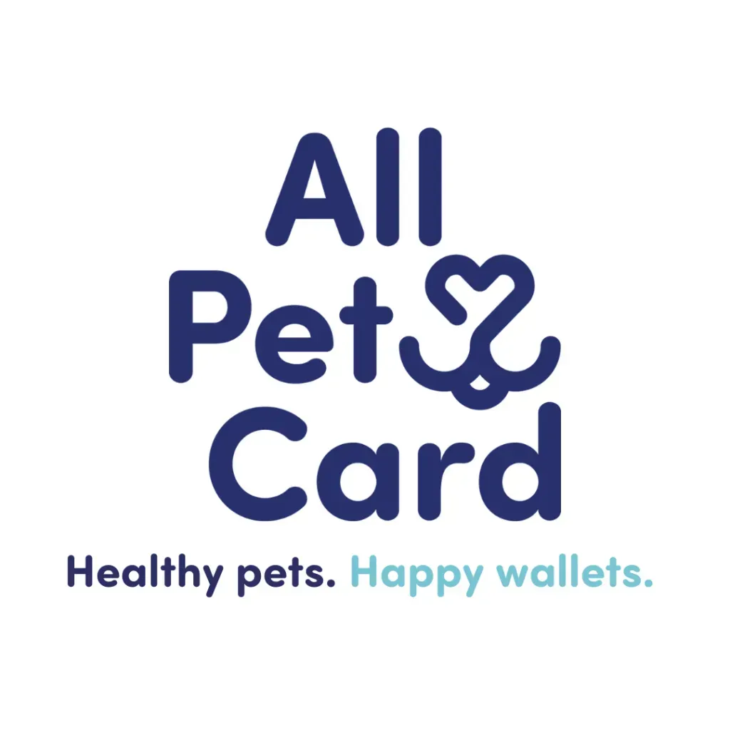 All Pet Card logo with navy text and teal accent; tagline reads “Healthy pets. Happy wallets.”