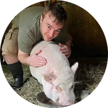 Man kneels beside and hugs a large pink pig in a straw-filled pen