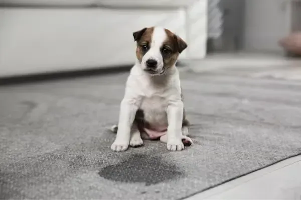 Small brown-and-white puppy sitting on a gray rug indoors with a curious expression
