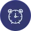 White alarm clock icon in a blue circle