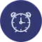 White alarm clock icon in a blue circle