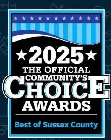2025 Official Community’s Choice Awards badge, “Best of Sussex County,” in blue and white