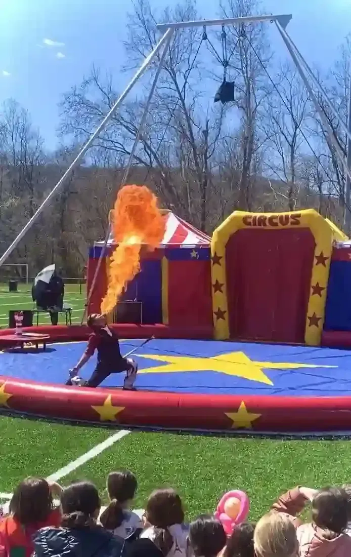 A group of children are watching a circus show on a field.