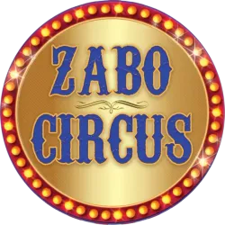 A gold circle with the words zabo circus on it