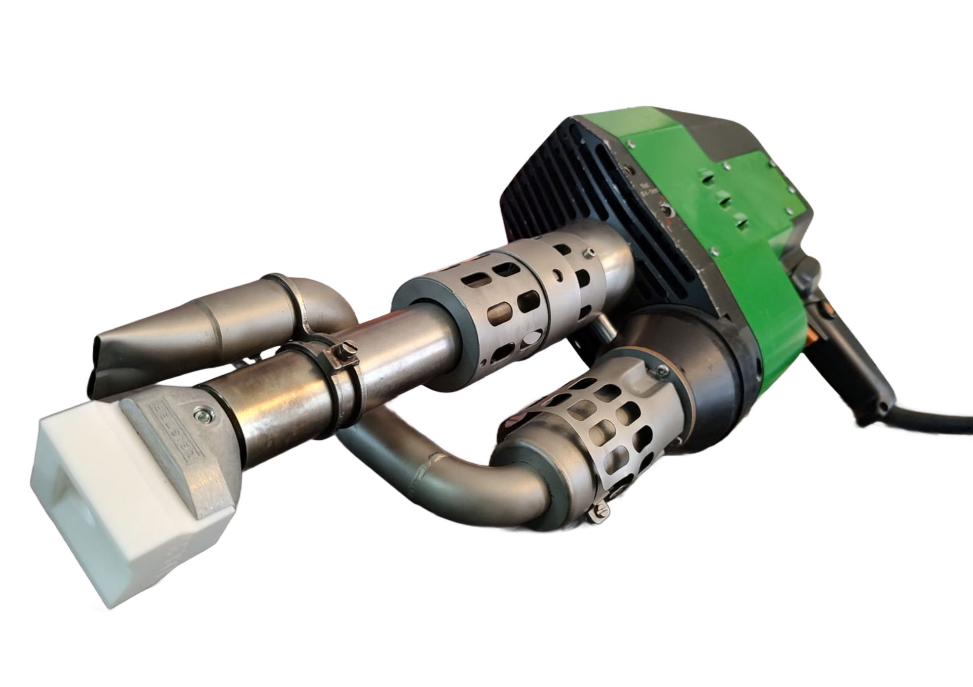 Green and silver handheld plastic welding tool with nozzle attached.