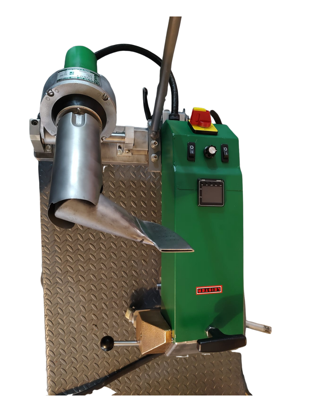 Green welding machine on a metal base with a silver nozzle, diamond plate panel, and black handle.