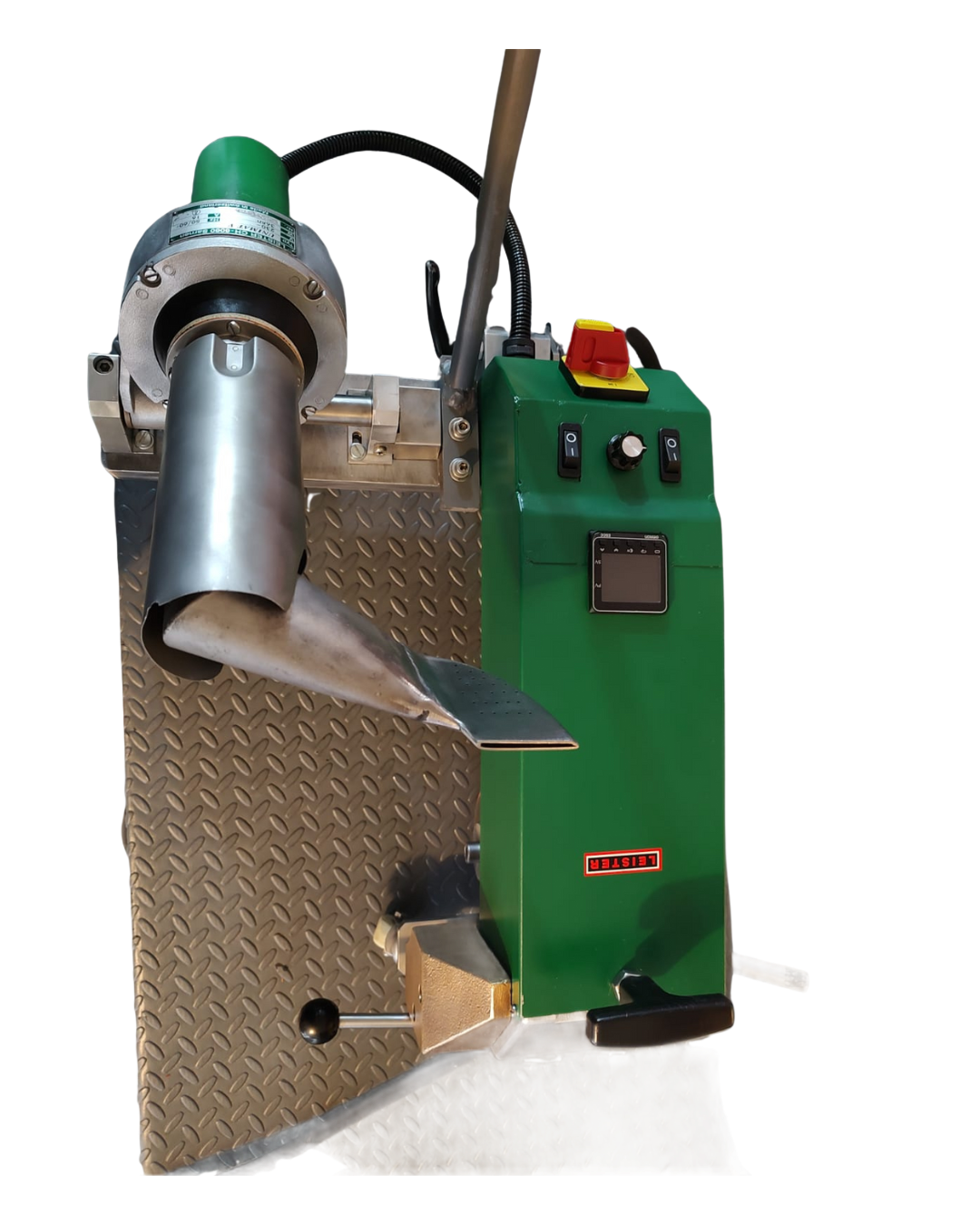 Green and silver plastic welding machine on diamond plate surface.