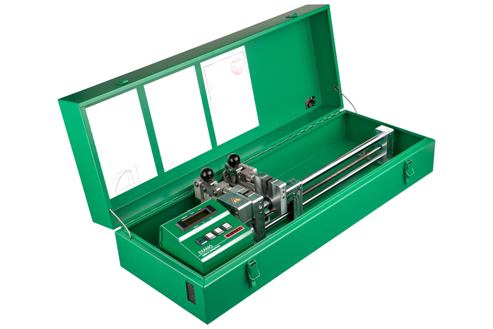 Green metal case open, containing a testing instrument with a digital display and adjustment knobs.