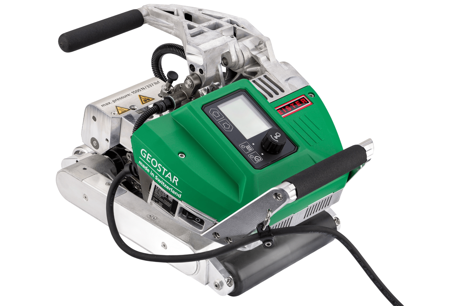 Green and silver welding machine with black handles and display, on a white background.
