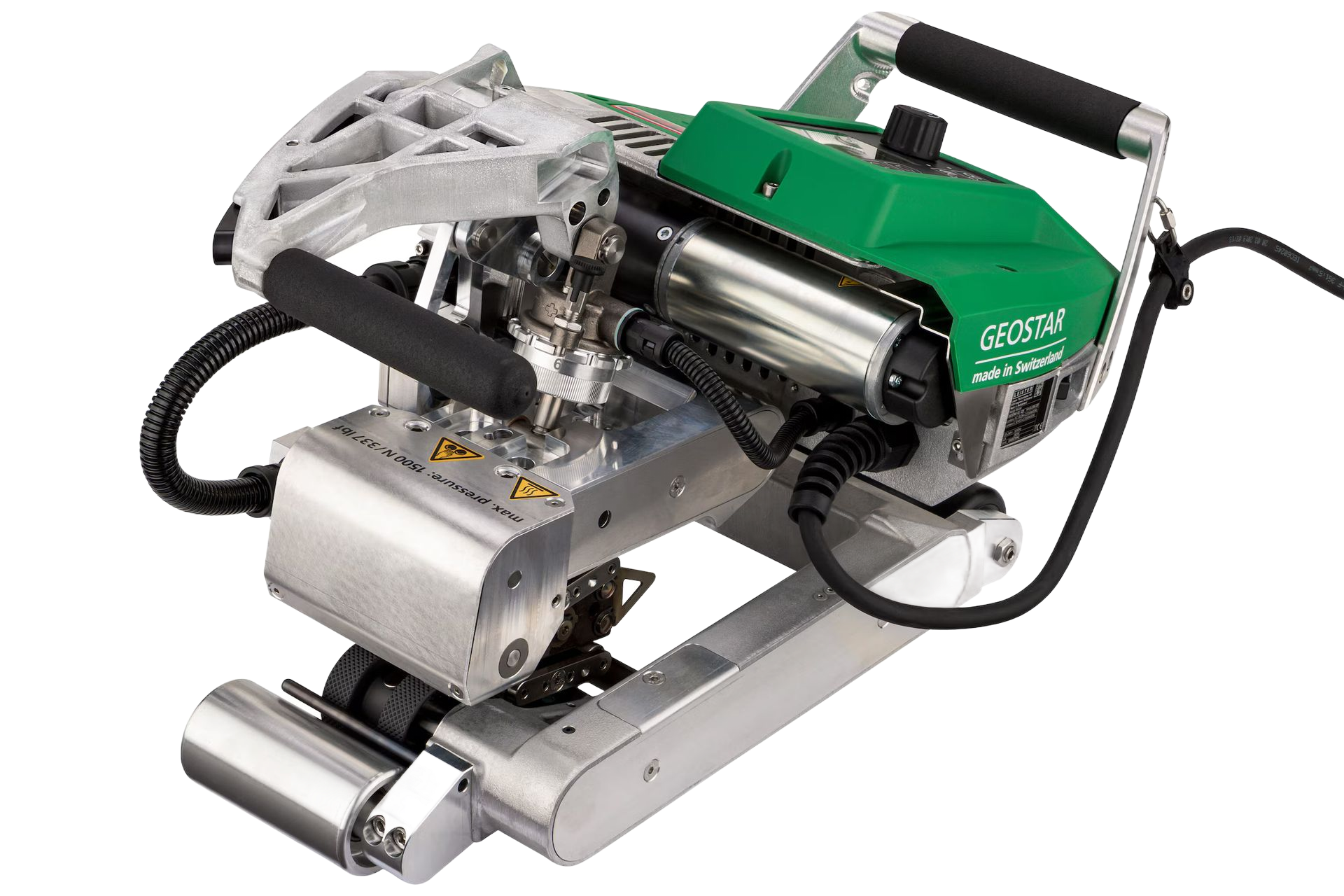 Welding machine with green housing and silver components, black handles and power cord.