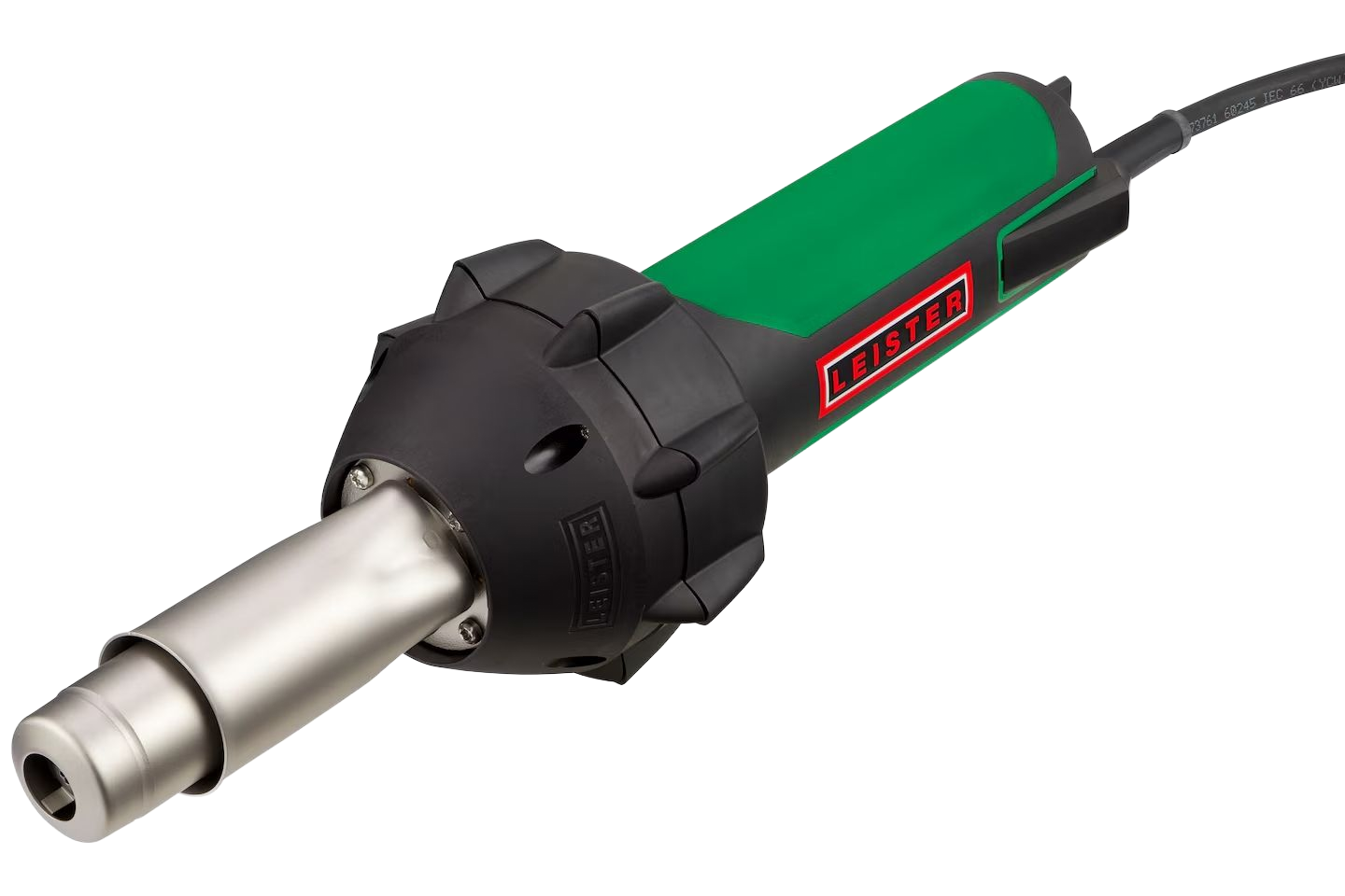 Green and black heat gun with a silver nozzle, held at an angle.