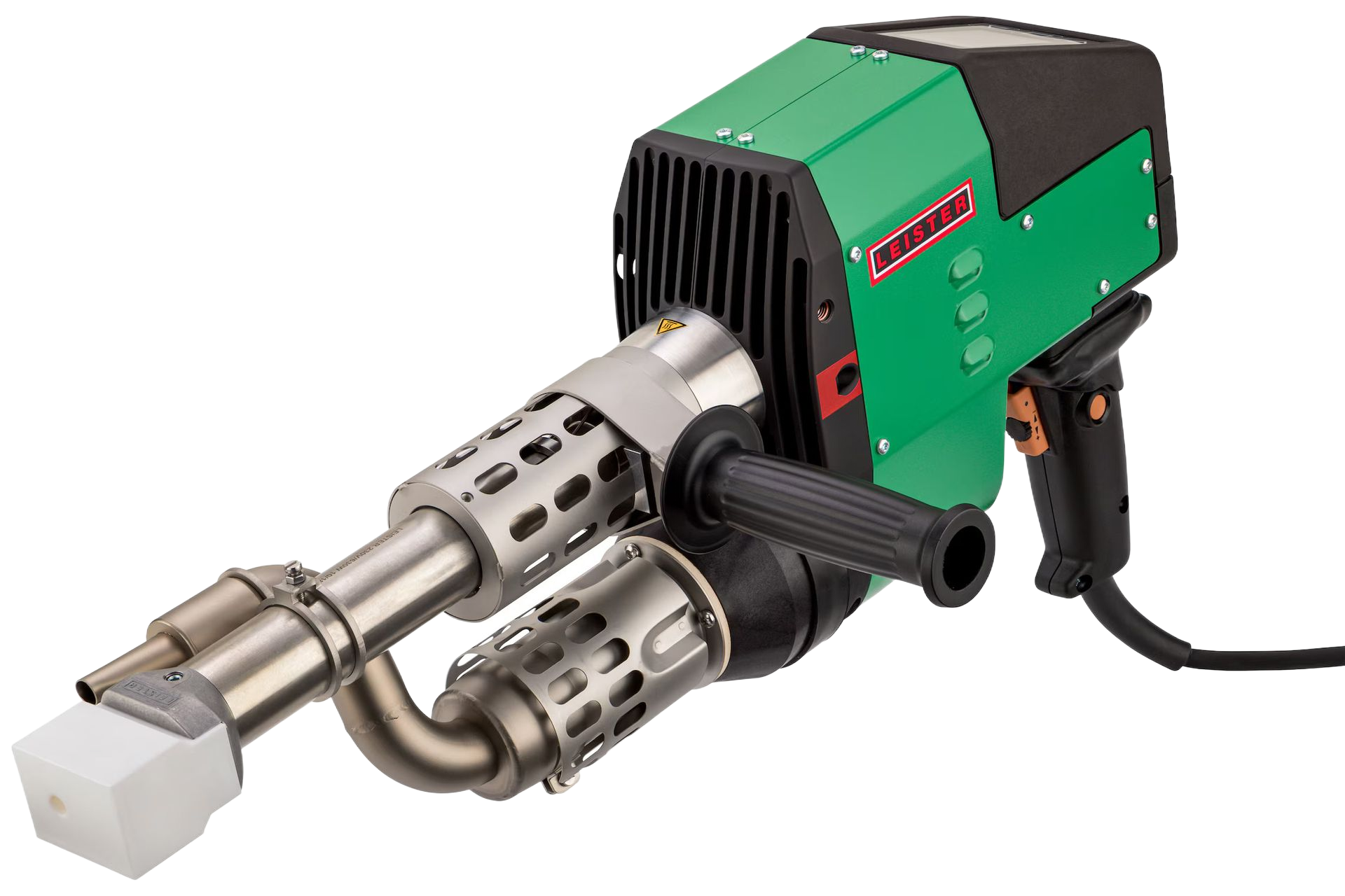 Green and black handheld plastic welder with stainless steel components.
