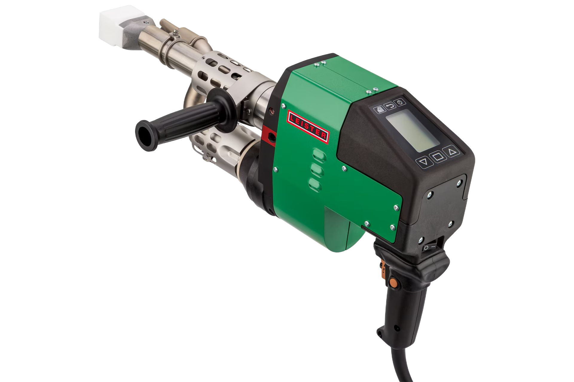 Green and silver handheld plastic welder with a digital display and handle.