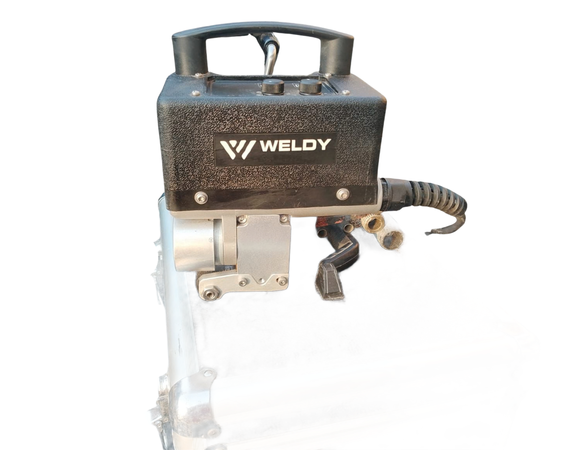 Black and silver Weldy hot air welding machine with handle, mounted on a stand.