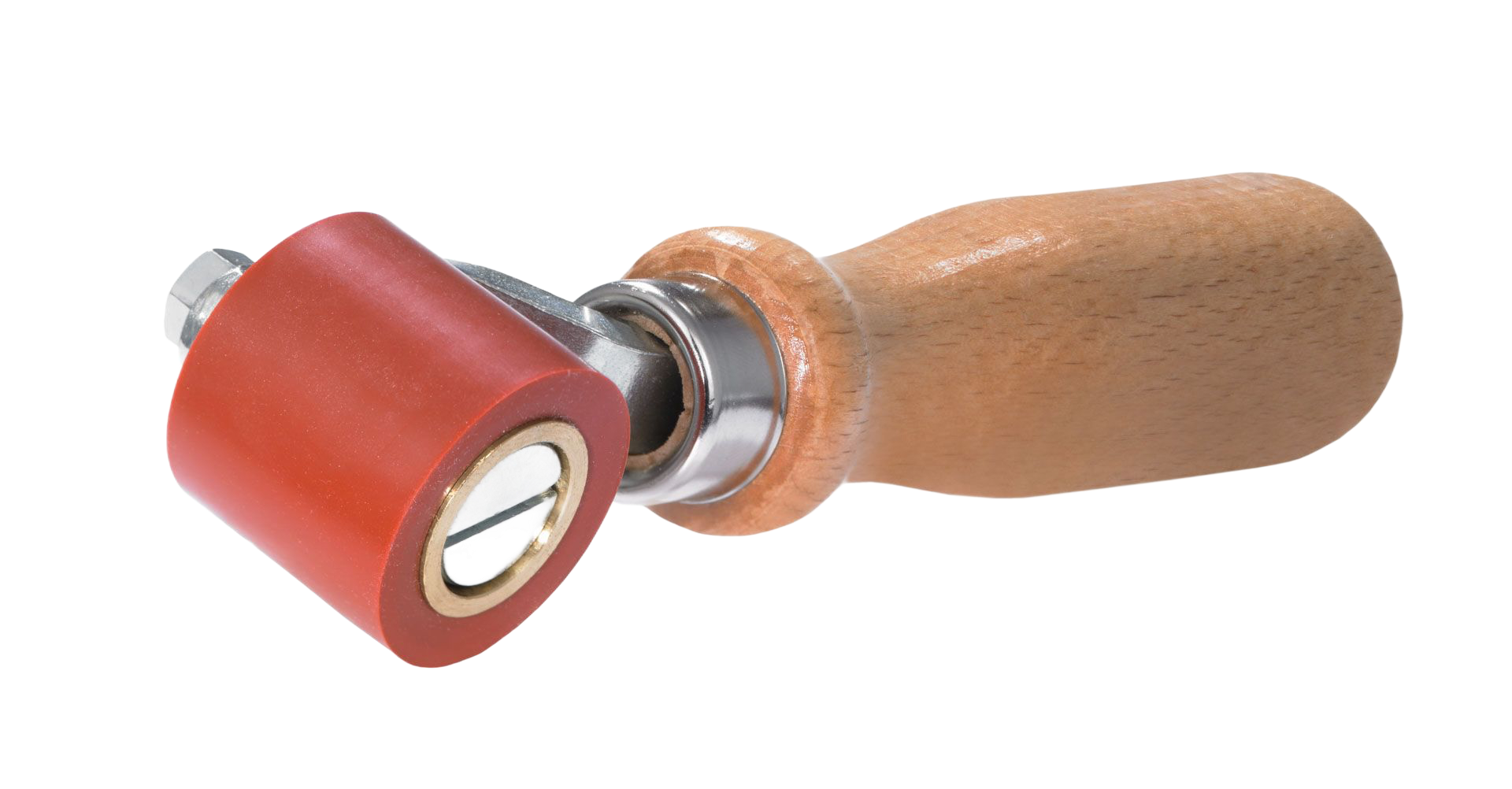 Red rubber hand roller with wooden handle.