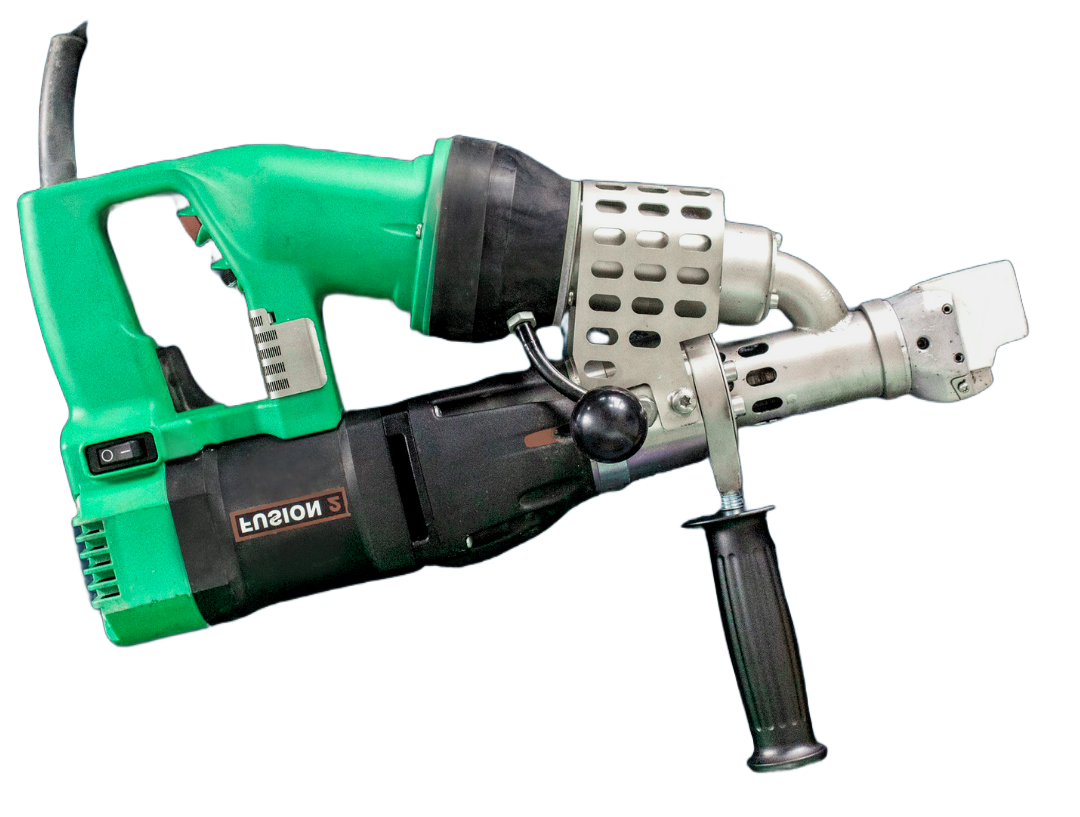 Green and black handheld plastic welding tool with side handle and protective cover.