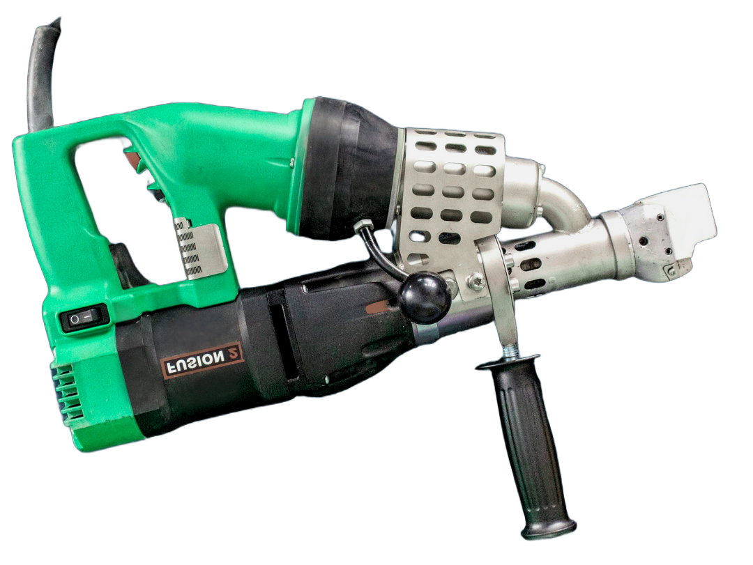 Green and black handheld plastic pipe welding tool.