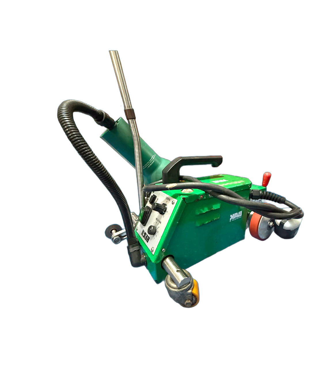 Green handheld welding machine with black hose and carrying handle.