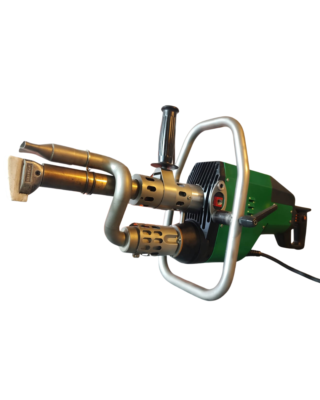 Green and black handheld plastic welding machine with silver frame.