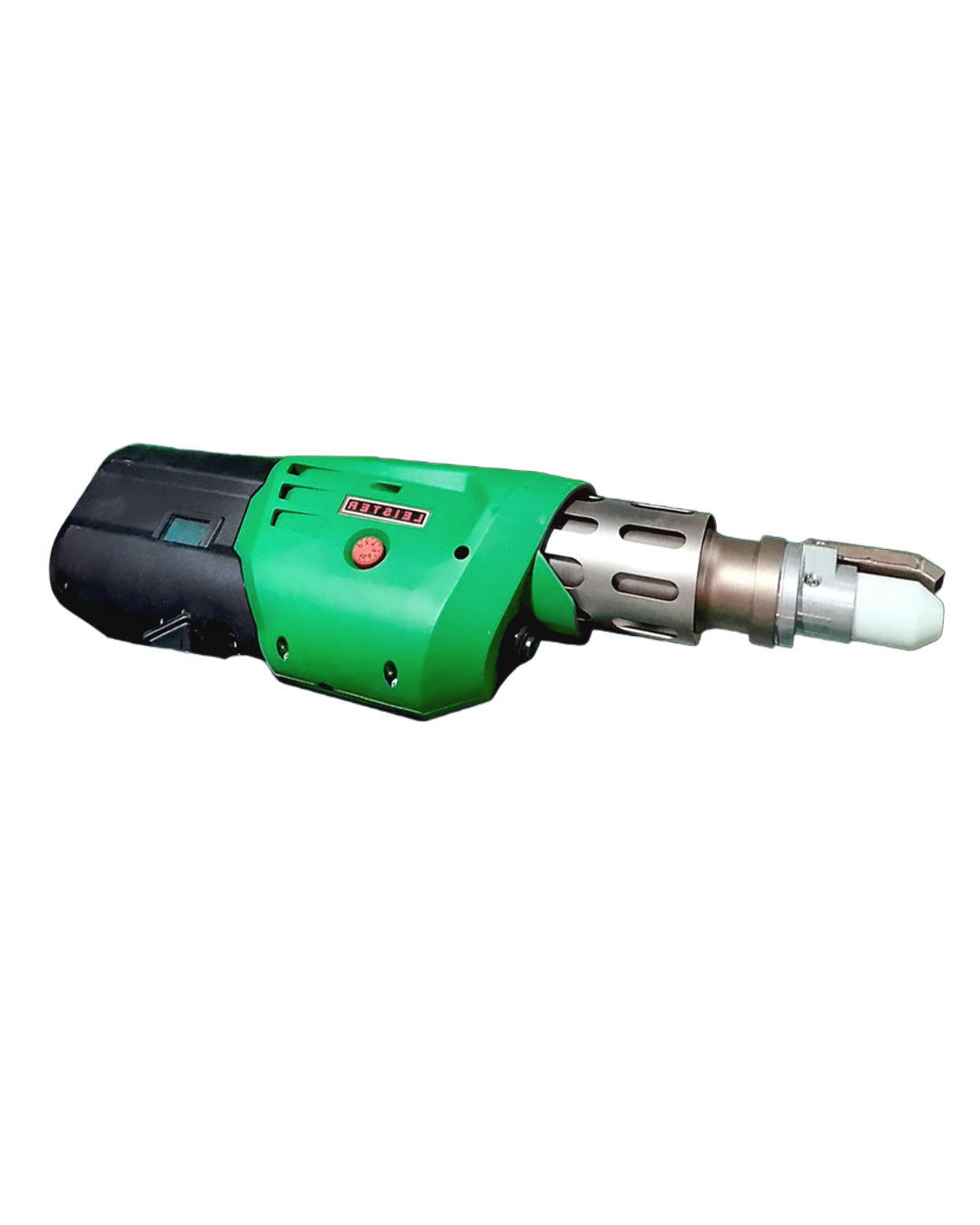Green and black power tool with a red button.