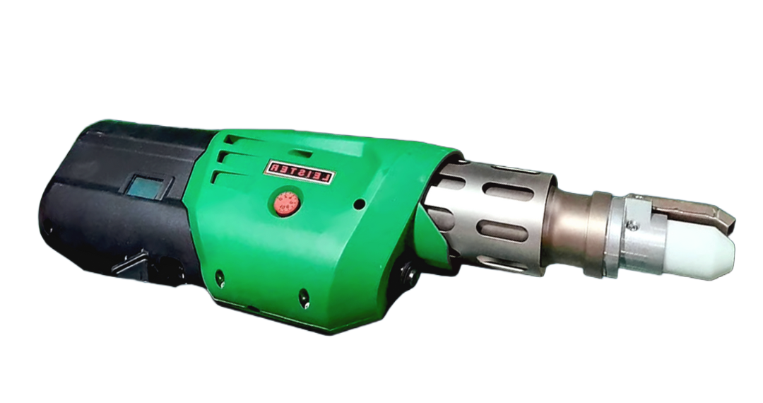 Green and black power tool with a silver and white head.