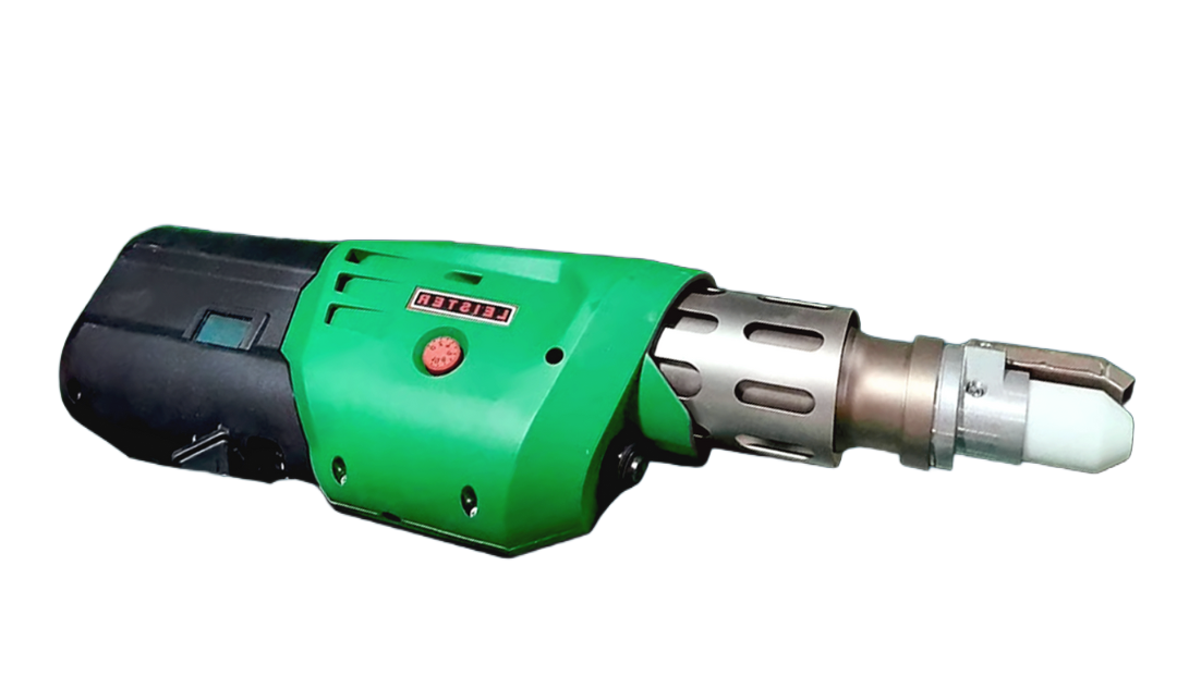 Green and black power tool with a red button.