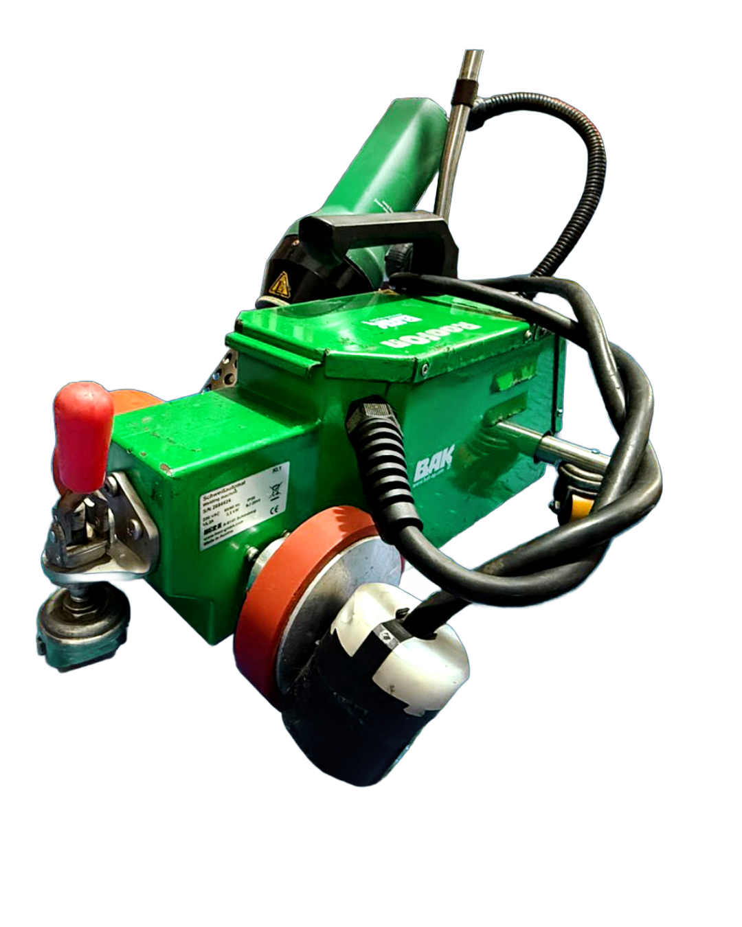 Green plastic welding machine with red and black parts, and a black cord.