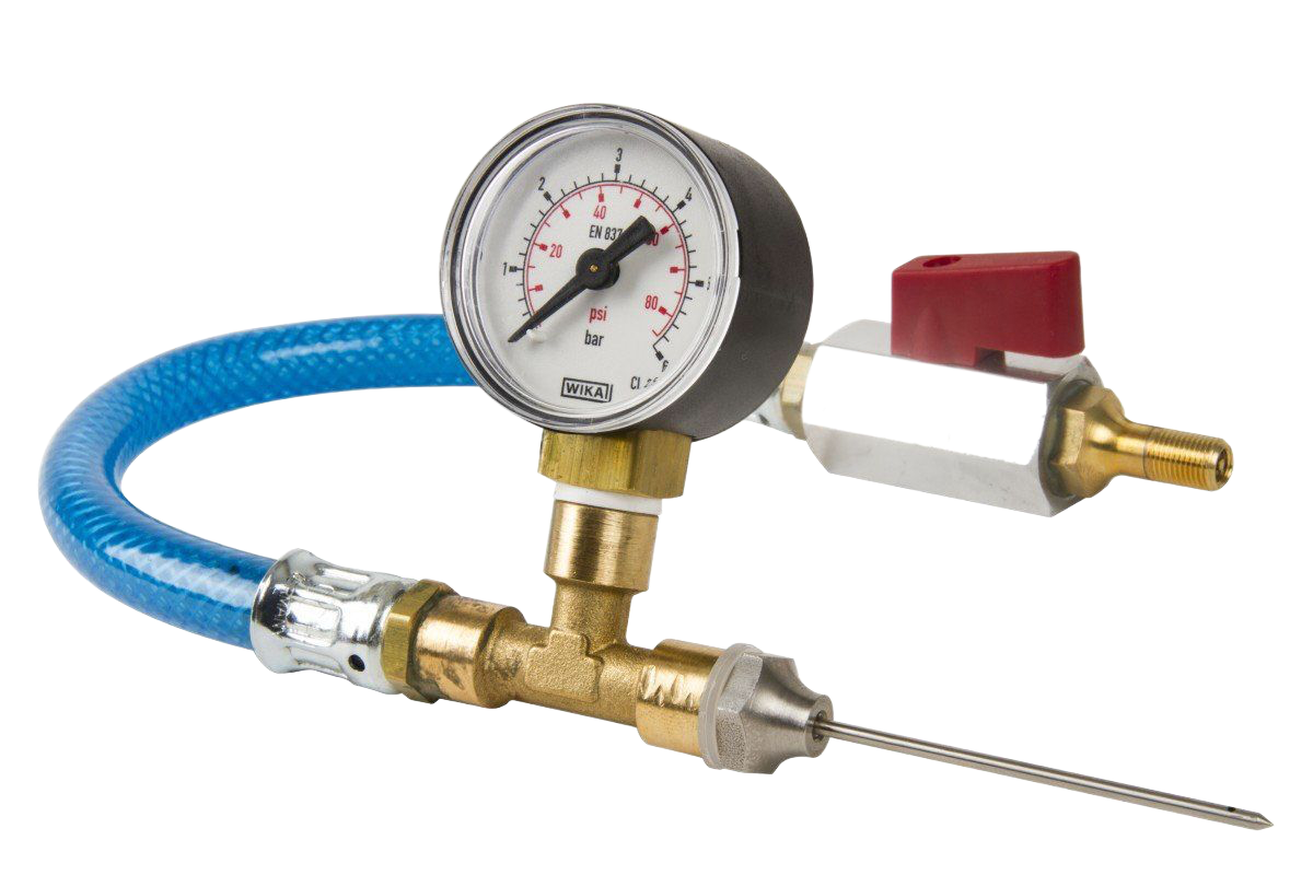 Pressure gauge tool with needle, hose, and valve; red, blue, and brass components.