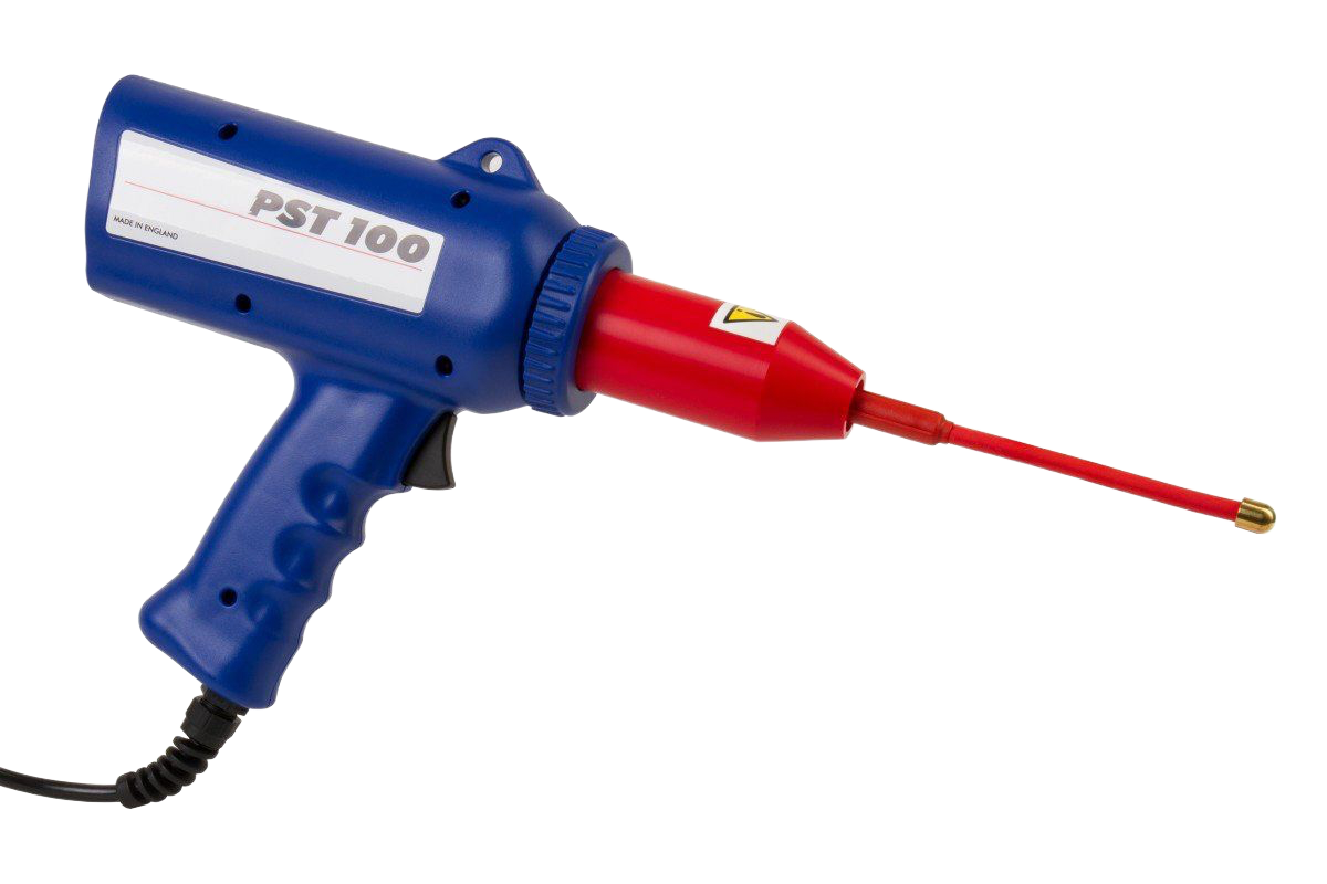 Blue and red PST 100 heat tool with a nozzle and trigger, connected to a black cord.