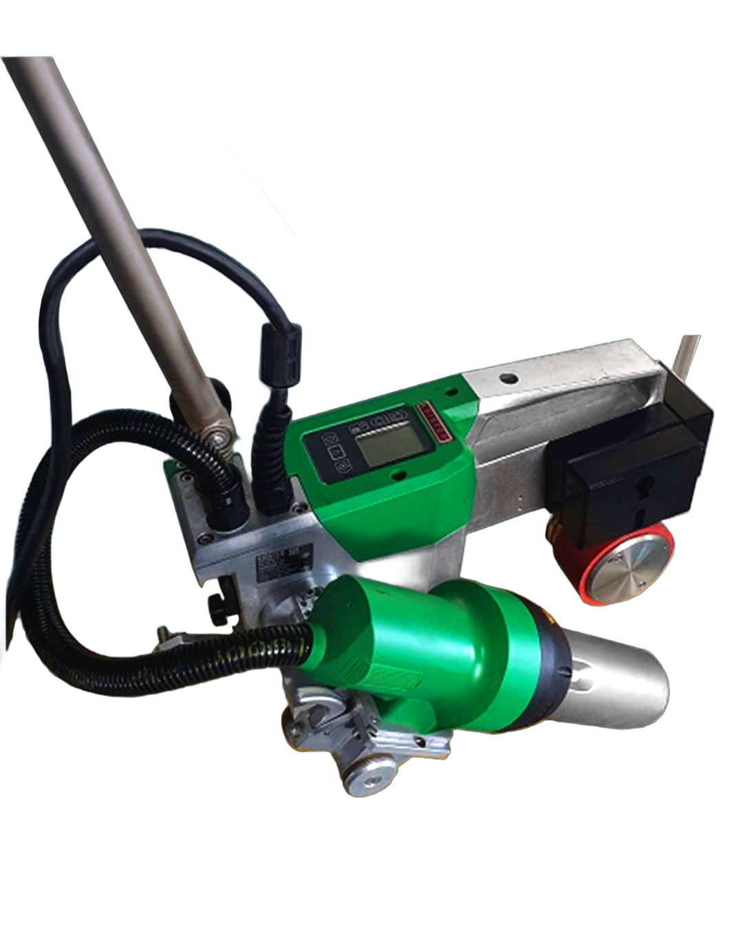 Green and silver handheld plastic welding machine with a digital display.