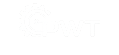 Logo with a gear, circuit, and the letters PWT in dark blue.