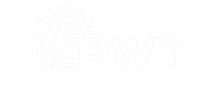 Logo with a gear, circuit, and the letters PWT in dark blue.