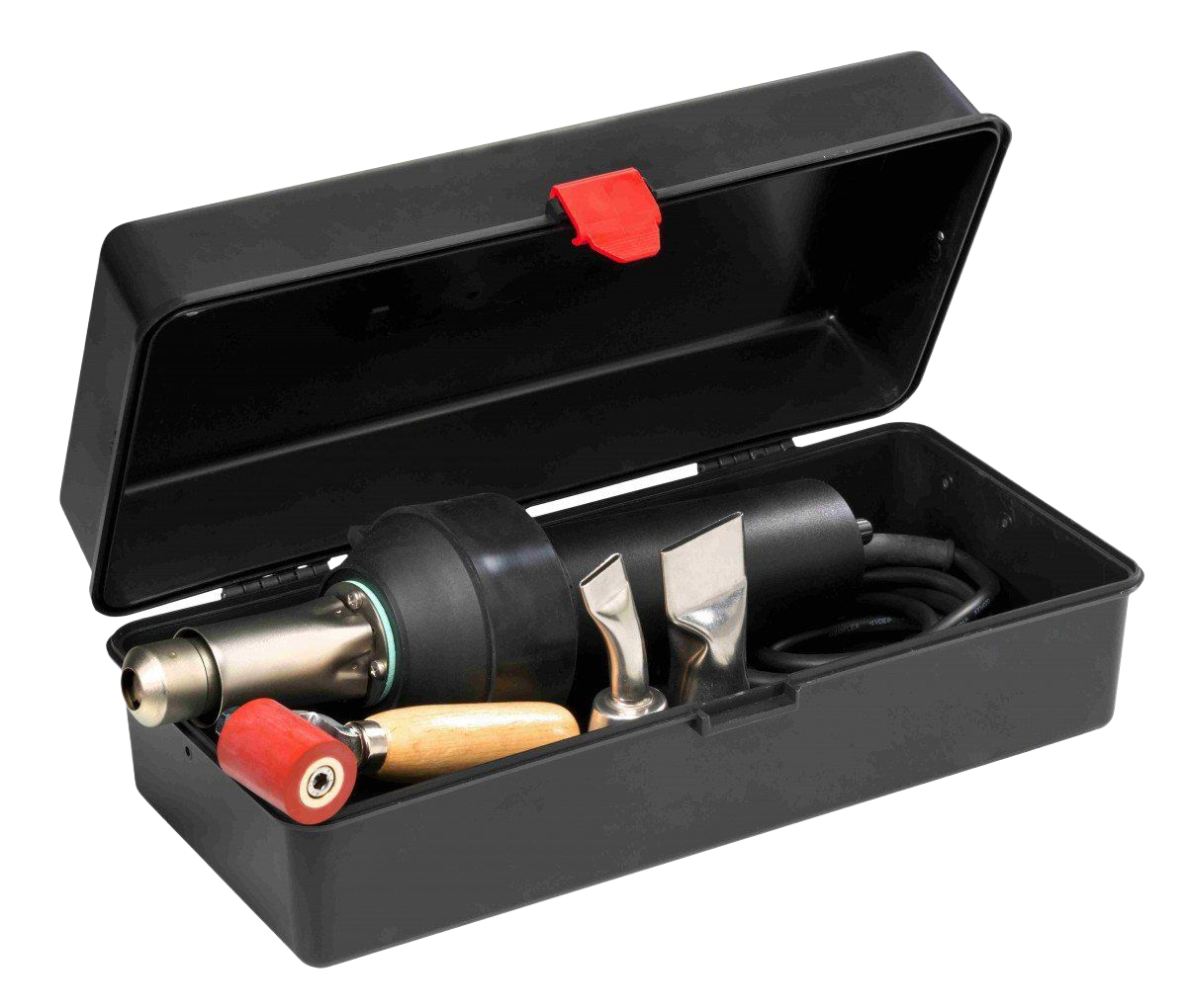 Heat gun kit in black case, with nozzles and attachments.