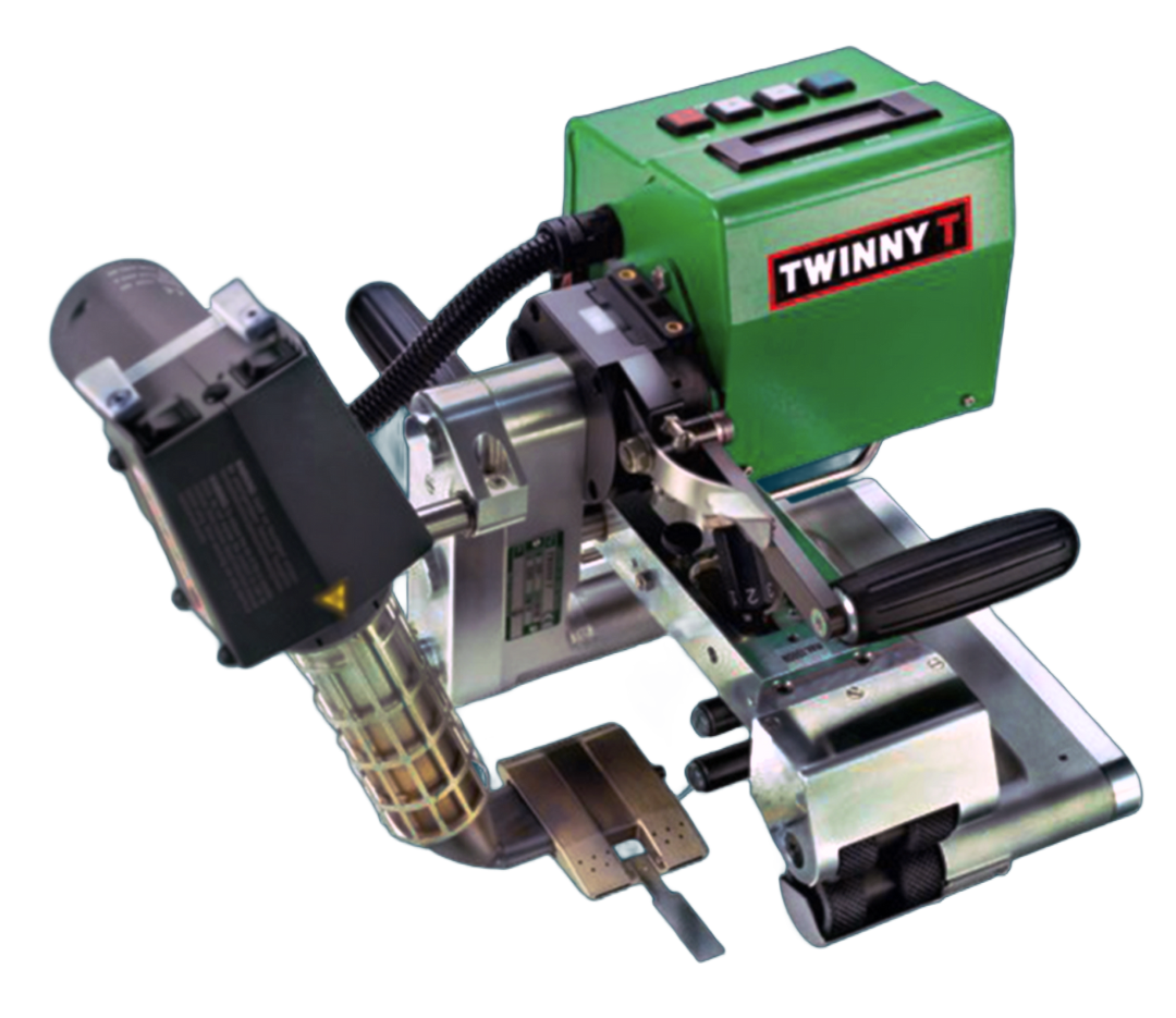 Green and gray industrial plastic welding machine with black handles and digital display.