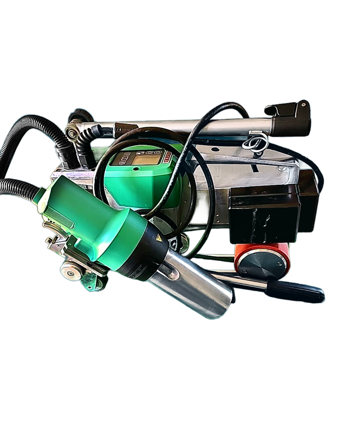 Green and silver plastic welding machine with a digital display and nozzle.