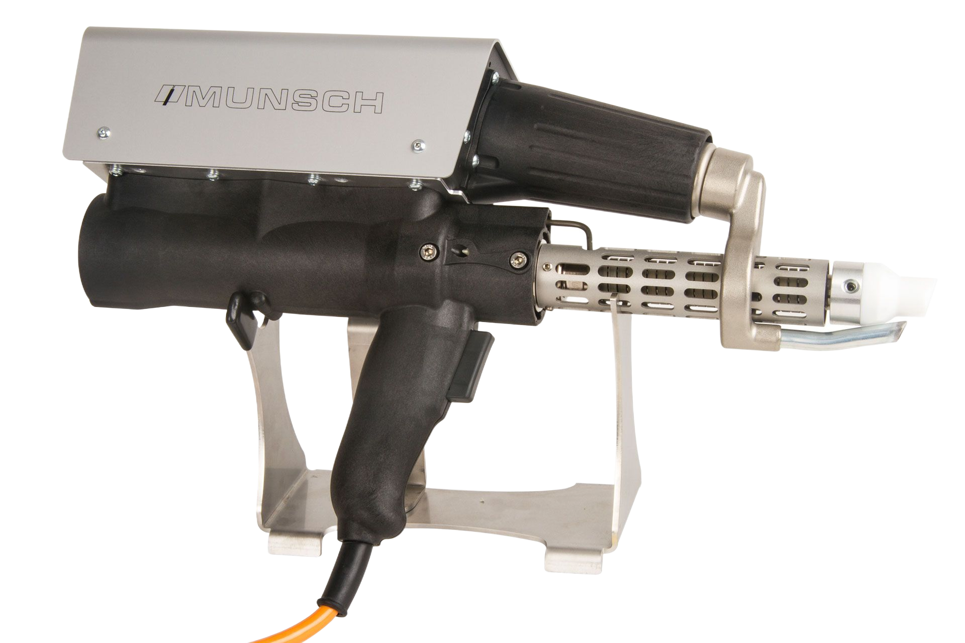 Black and silver welding tool with a pistol grip, resting on a metal stand, with the brand name