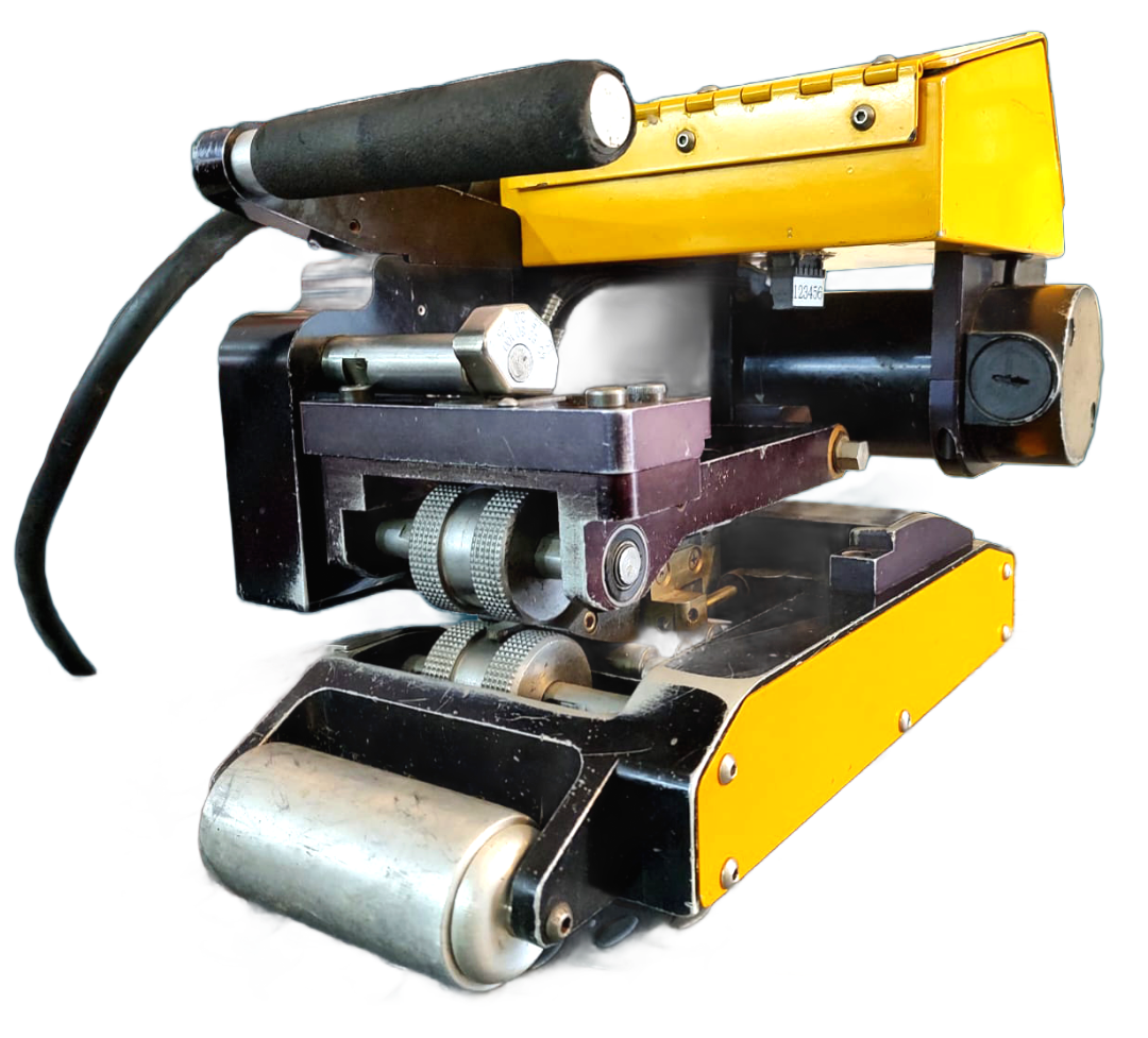 Yellow and black rail cutter, used for cutting railroad tracks.