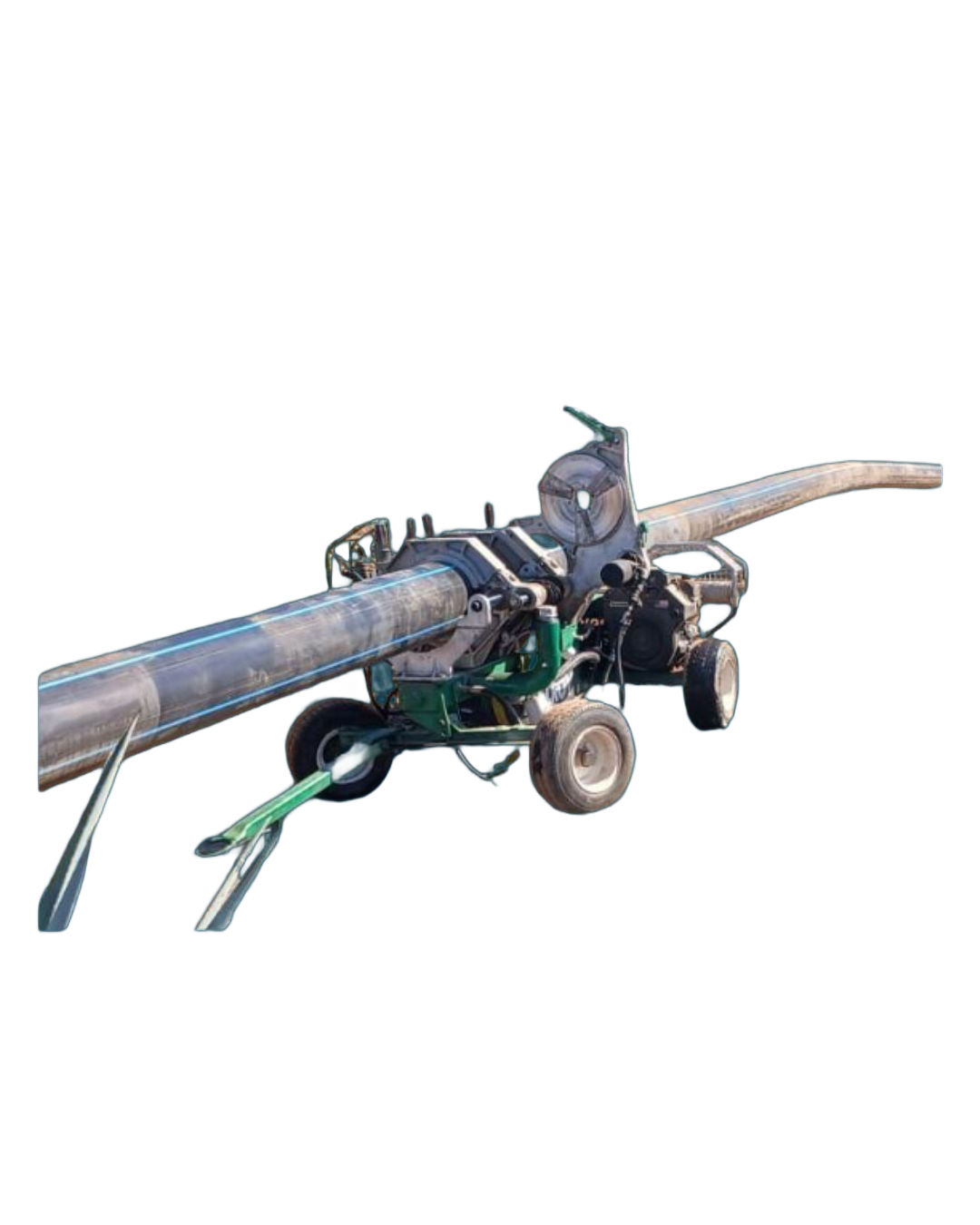 Green and black pipe fusion machine welding large black pipes.