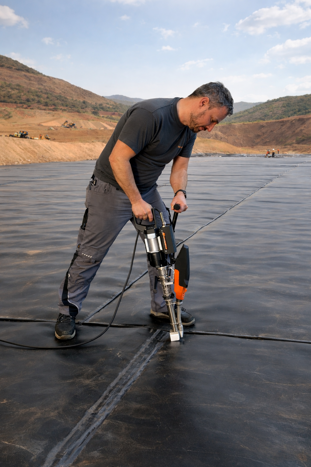 Worker operating a tool on black liner material in an outdoor hillside site