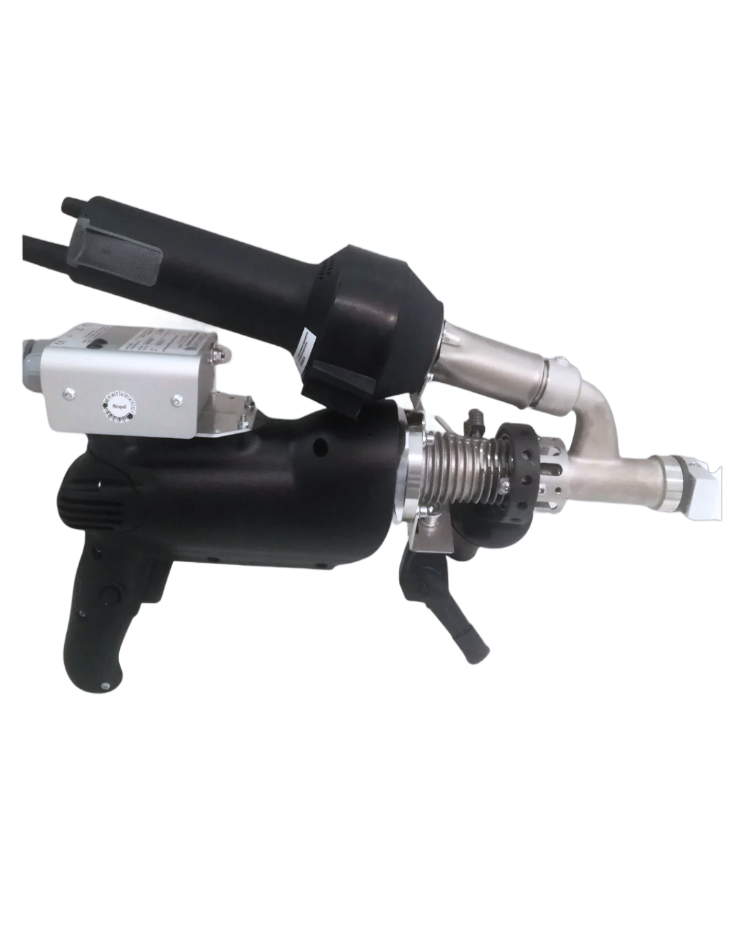 Black and silver handheld welding tool with trigger and nozzle, possibly for industrial use.
