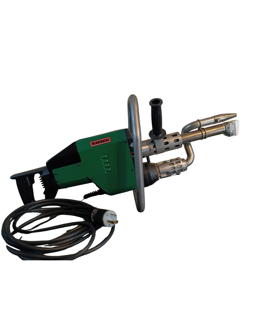 Green electric hand-held plastic welding tool with black power cord, a silver handle, and an attached nozzle.