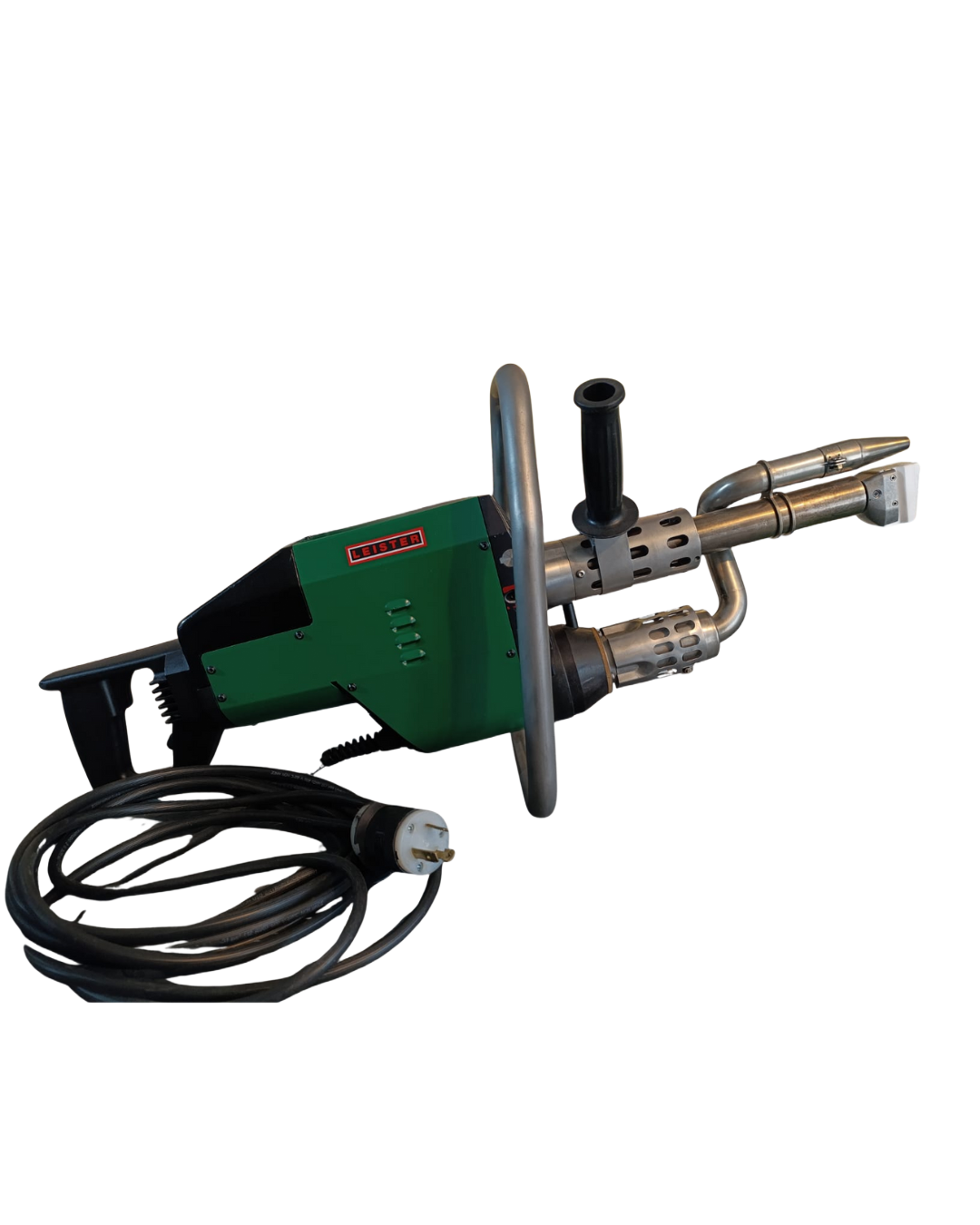Green and black handheld plastic welding tool with black power cord.
