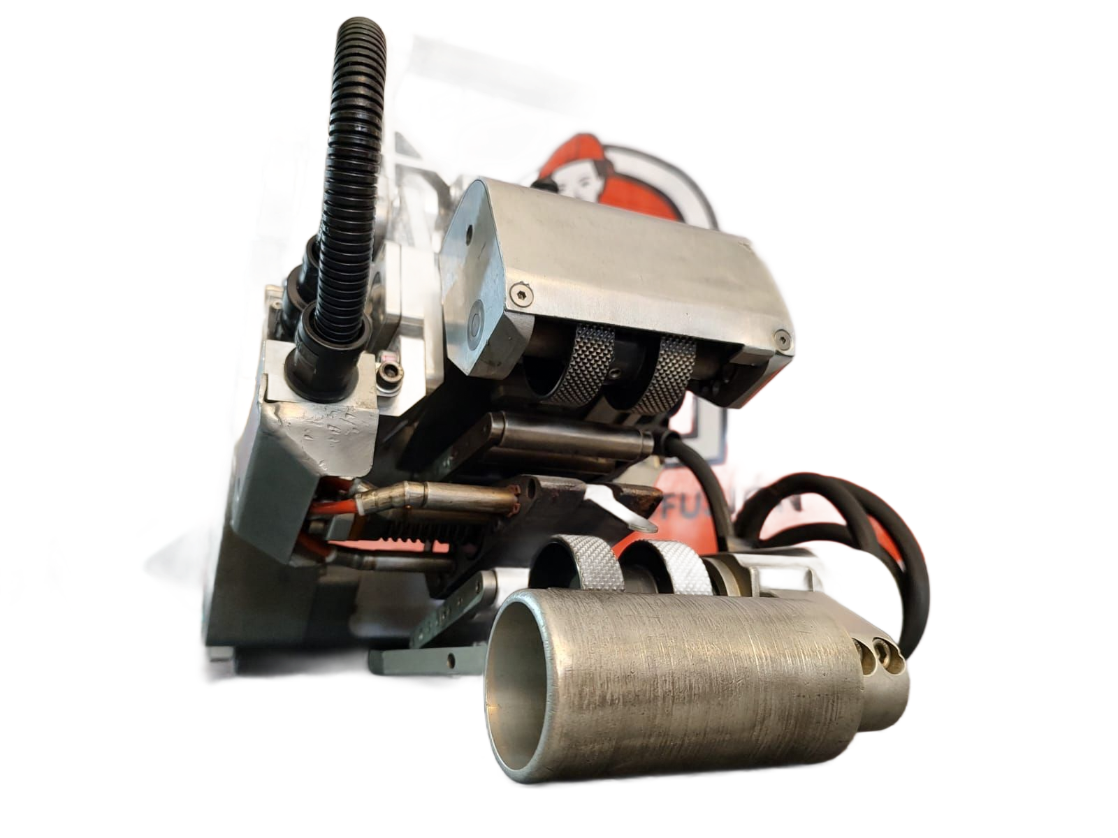 Industrial machine with metal parts and cylindrical tube.