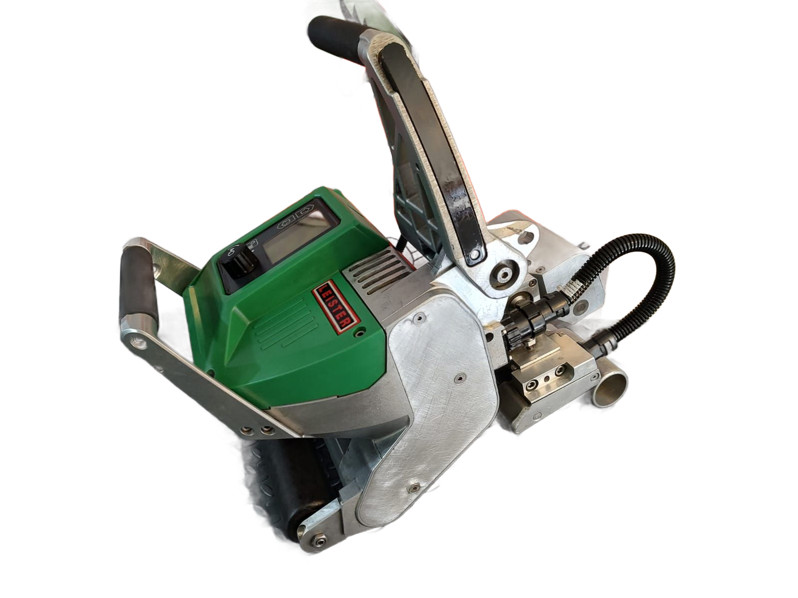 Green and silver hand-held welder, likely for plastic, with digital display and handle, on white background.
