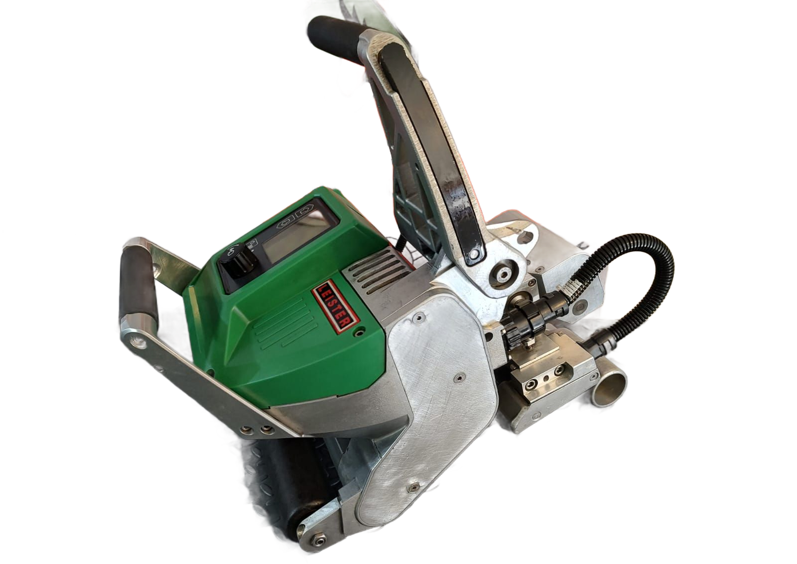 Green and silver hot air welding machine, used for welding plastic or other materials.