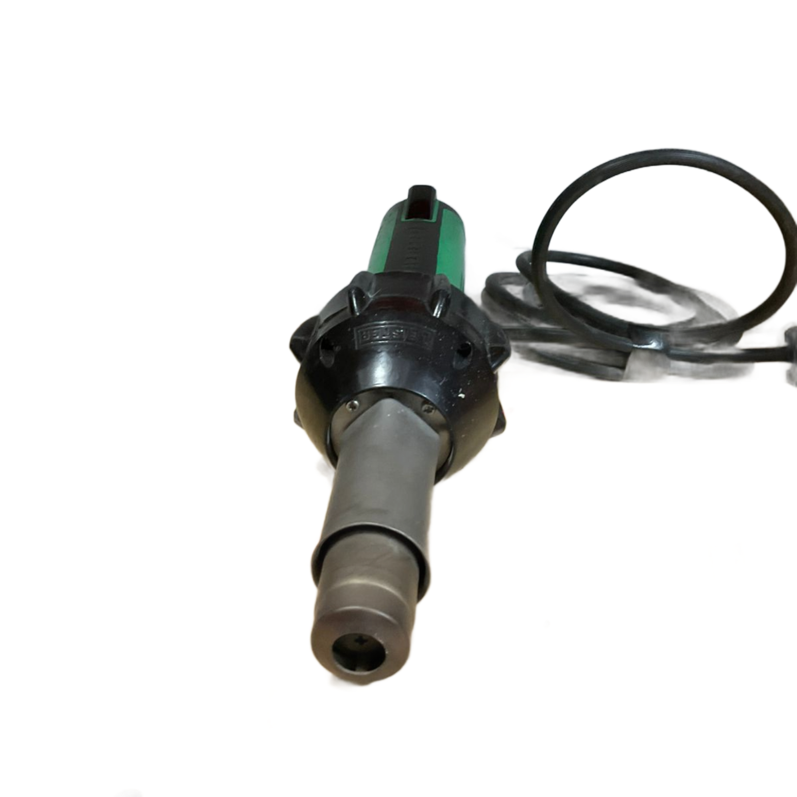 Heat gun with green handle, black nozzle, and power cord.